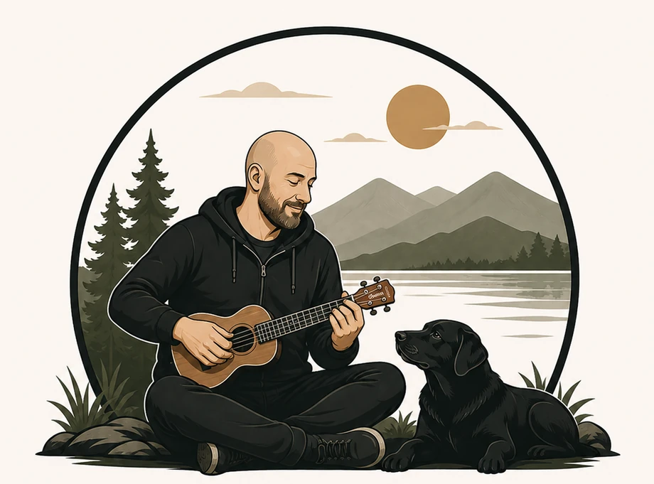 Illustration of Gabe playing ukulele by a lake at sunset, with his black lab Kylo looking on