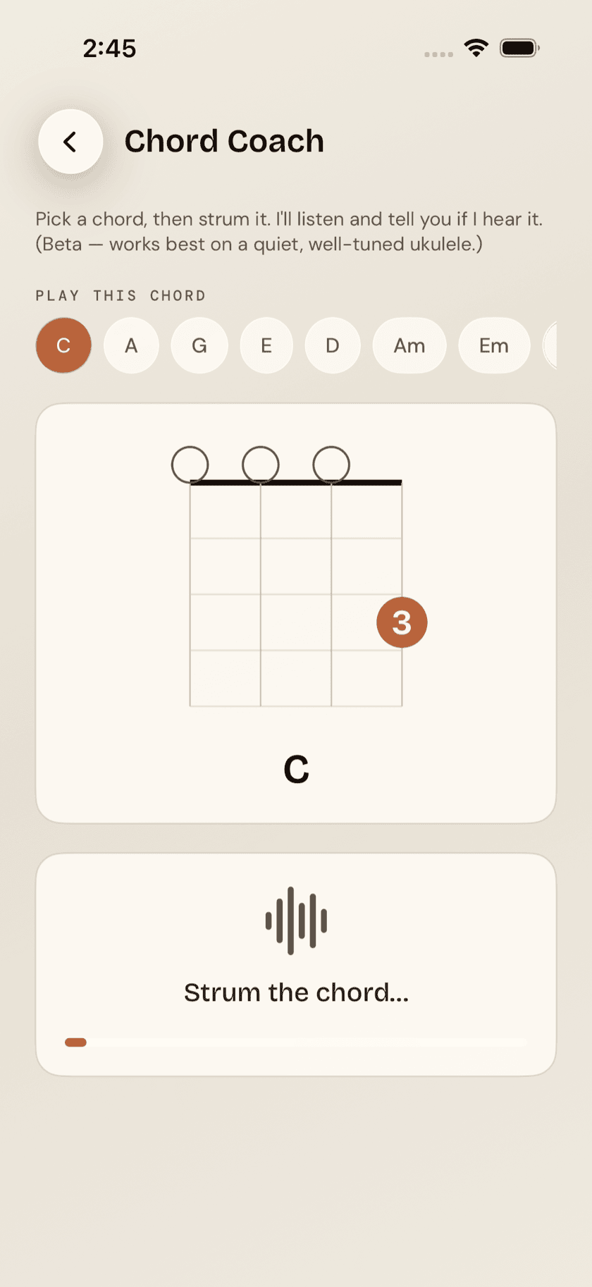 Chord Coach in its idle state, ready to listen for a target chord