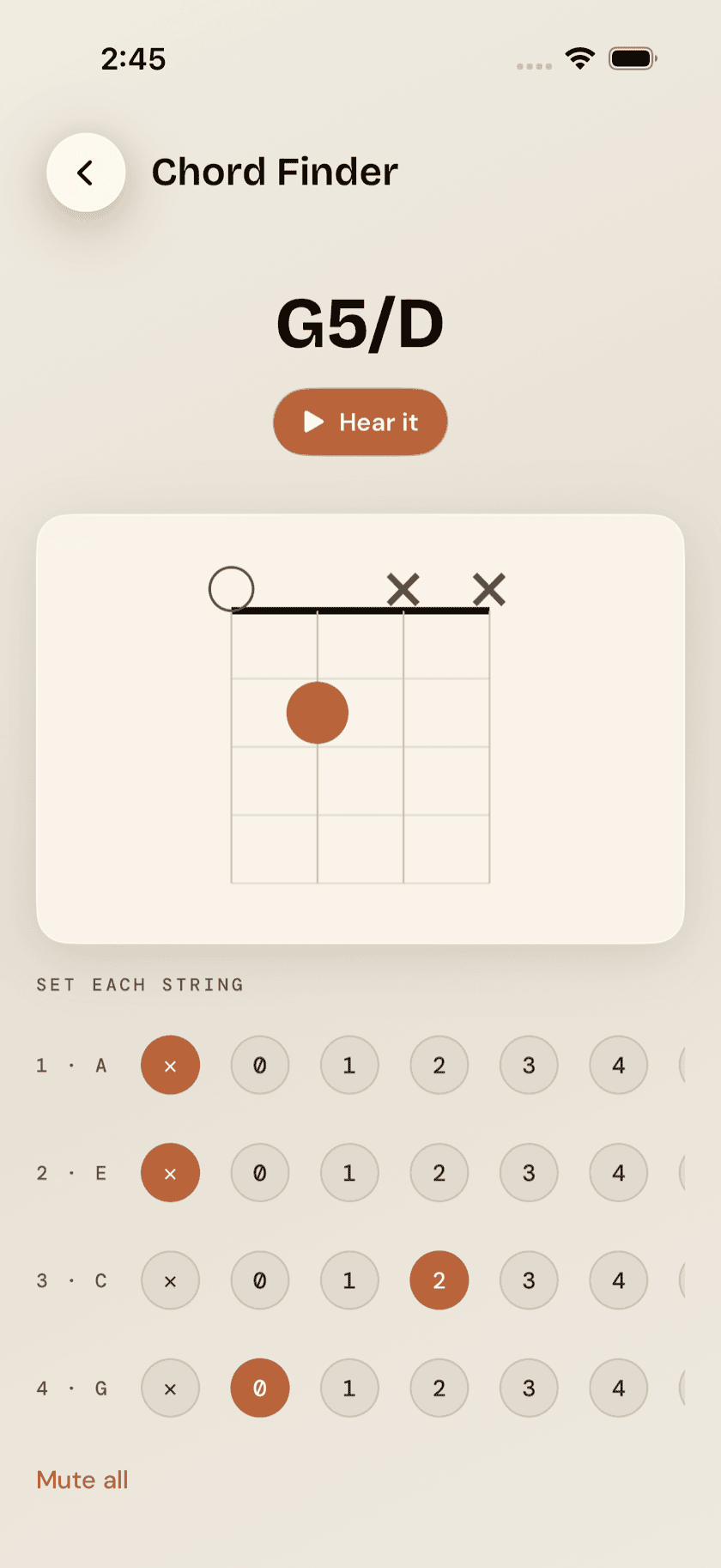 Chord Finder with four string/fret chips set mid-entry and the chord name resolved