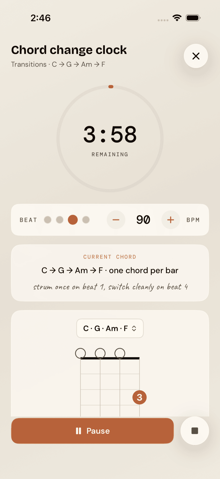 Practice Hub, Chord Change Clock, current chord diagram and tempo control, mid-cycle