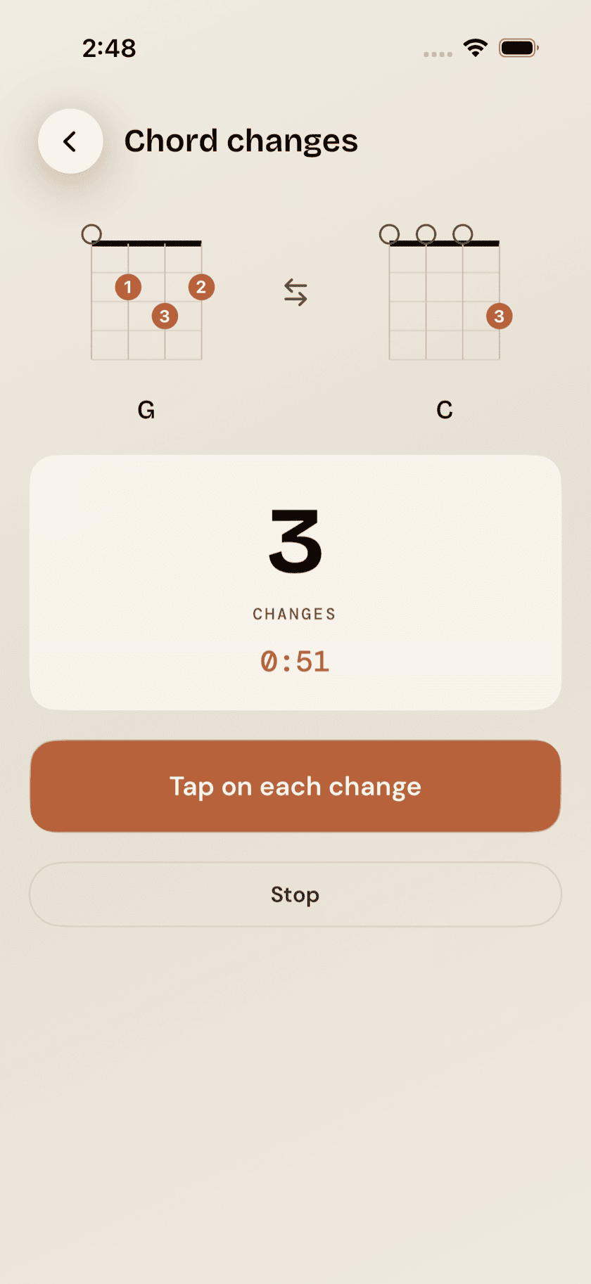 Practice Hub, Chord Change Trainer, timer running with tap counter and last-score comparison