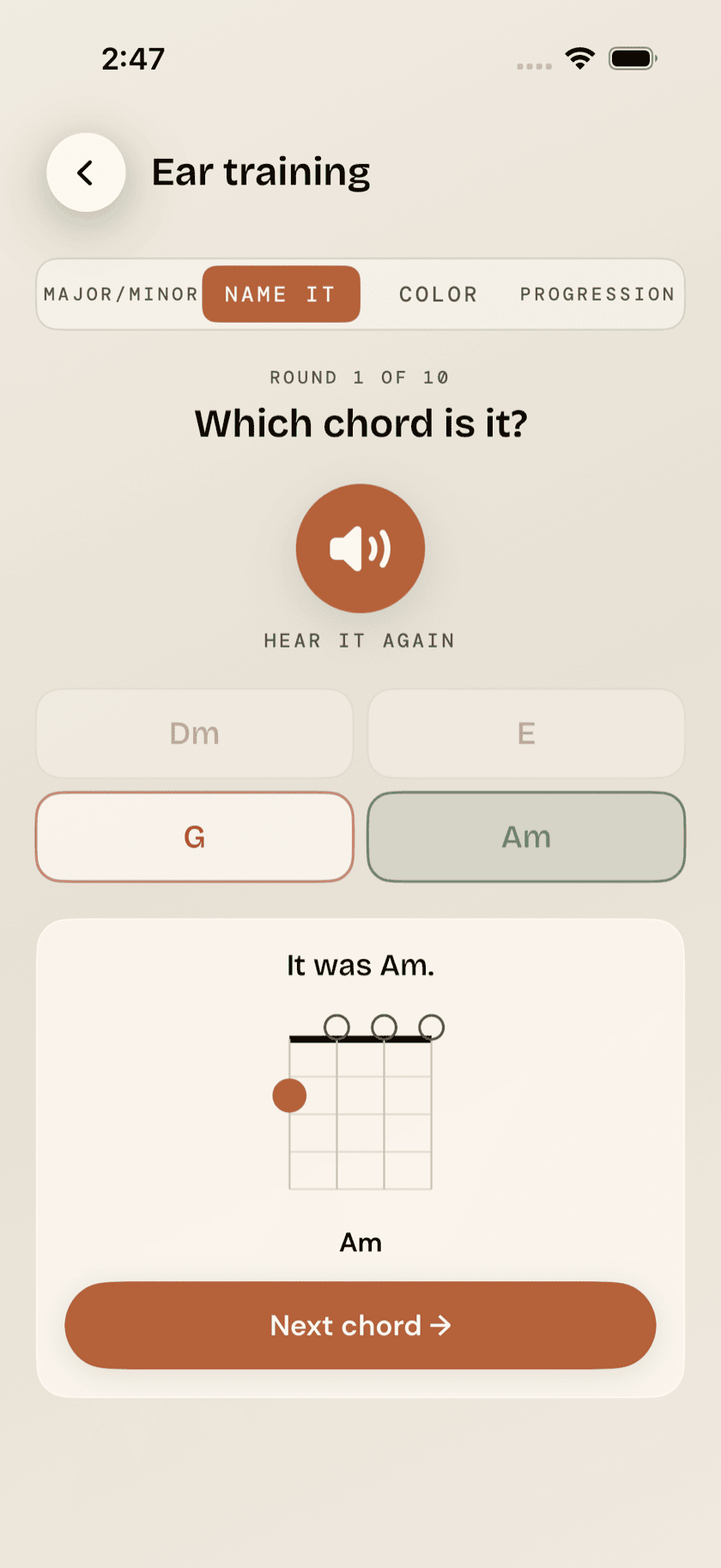 Practice Hub, Ear Training, Name the chord mode, answer revealed with four-string fingering diagram