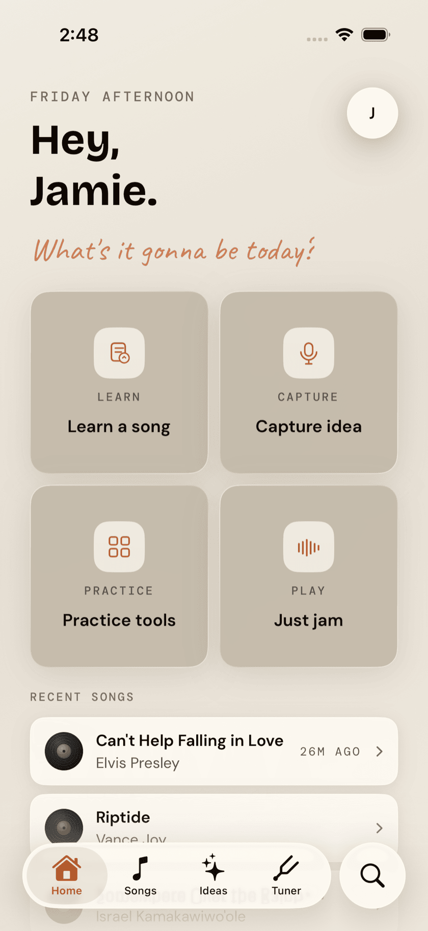 Home tab with Recent Songs populated, Sand theme