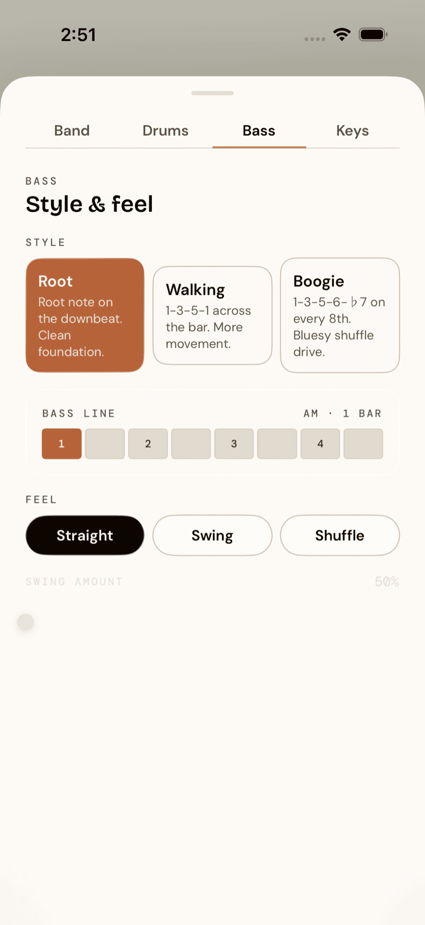 Jam screen, band editor sheet open, Bass tab selected