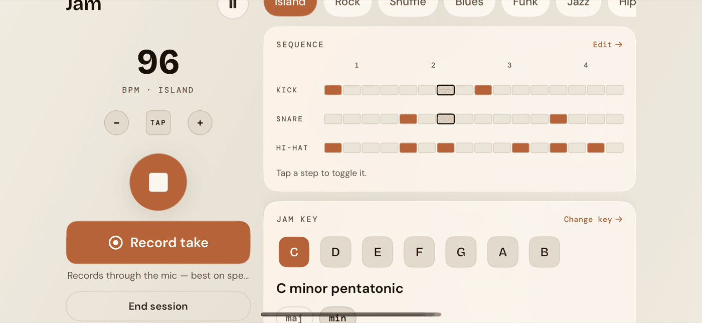 Jam screen, Performance Mode landscape layout, iPad, Sand theme