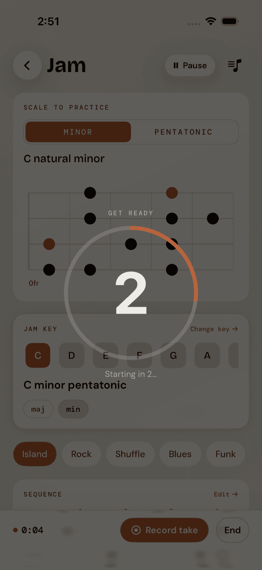 Jam screen, recording in progress with count-in visible