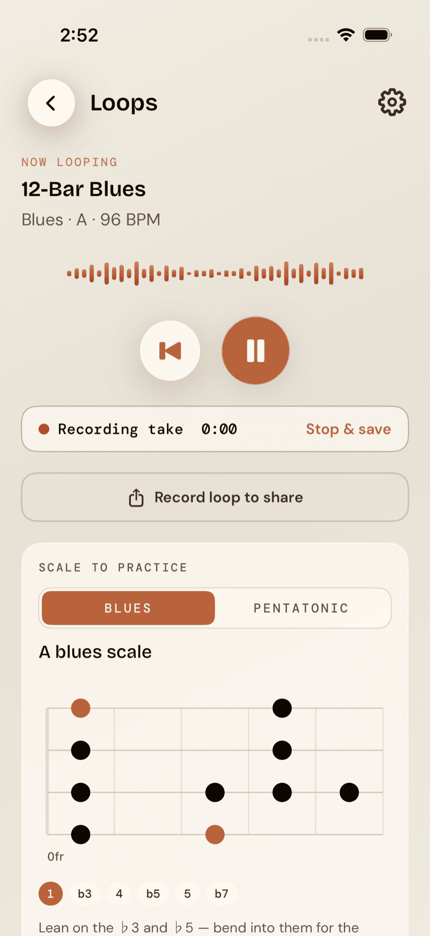 Loop detail view with record button active mid-take