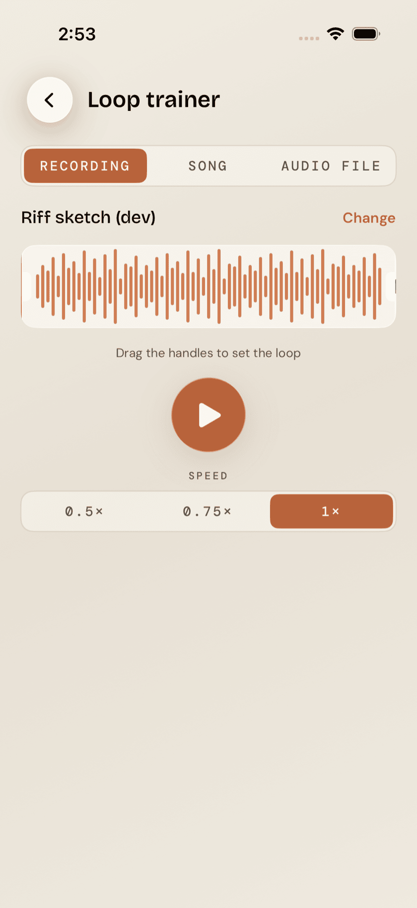 Loop Trainer, Recording source, A/B handles on a waveform with speed control visible, Obsidian theme