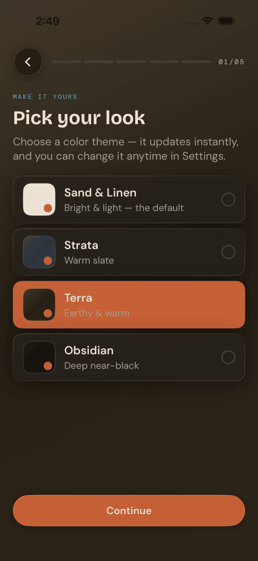 Onboarding Theme screen, mid-selection, Sand and Linen card highlighted