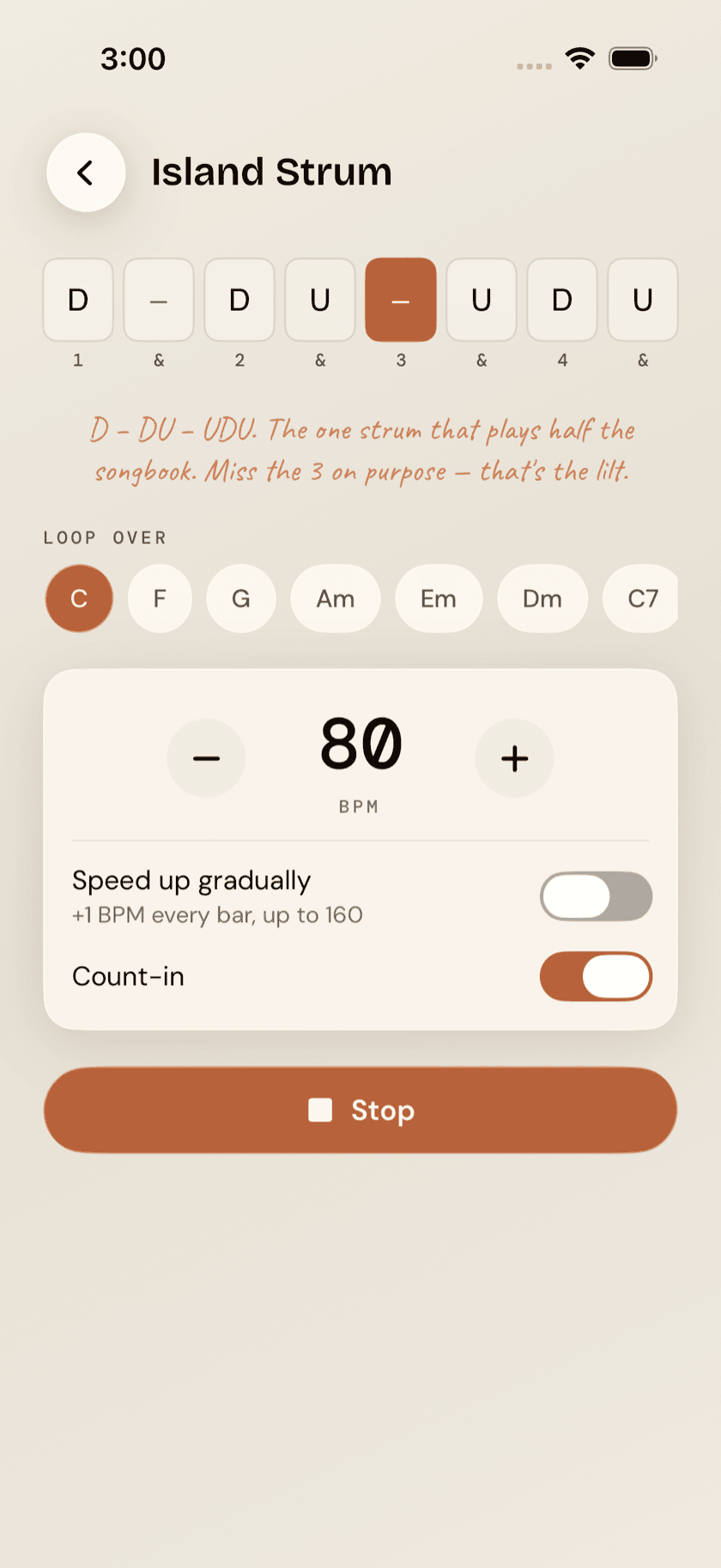 Pattern player, mid-loop, tempo slider and speed-up-gradually toggle visible