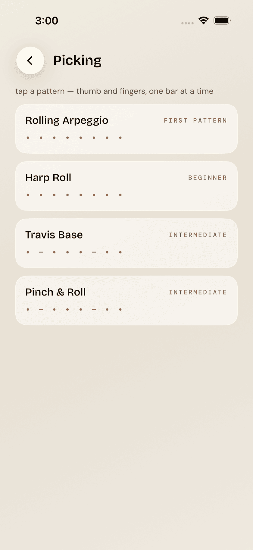 Practice Hub Fingerpicking pattern library list, single roll showing string and finger notation