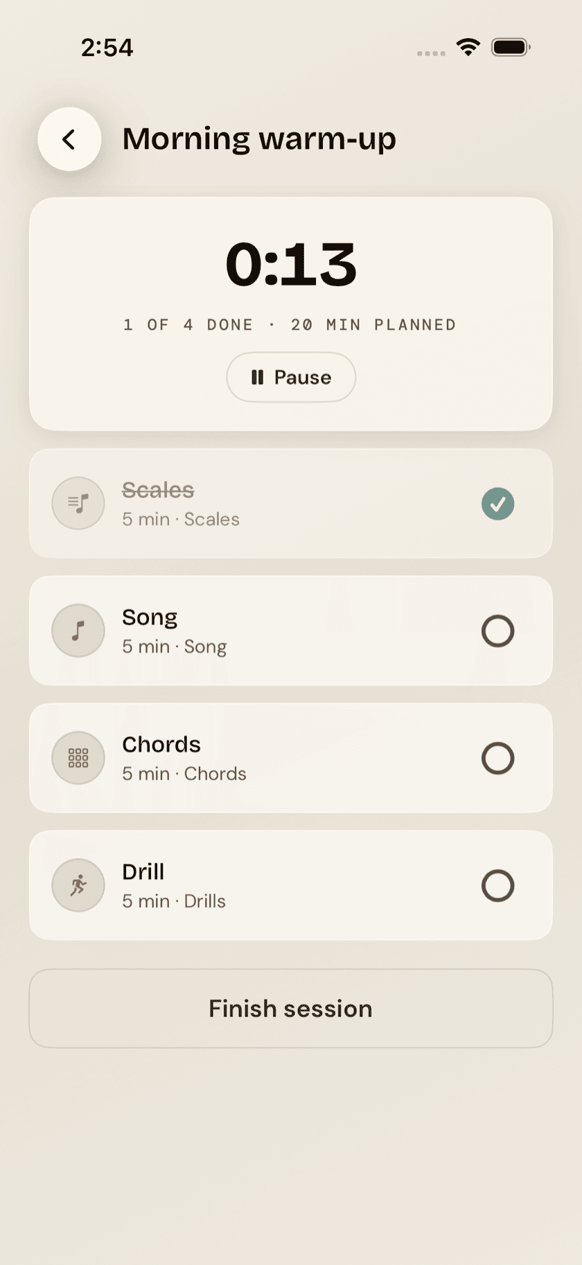 Practice log with several days of sessions grouped by date, Sand theme