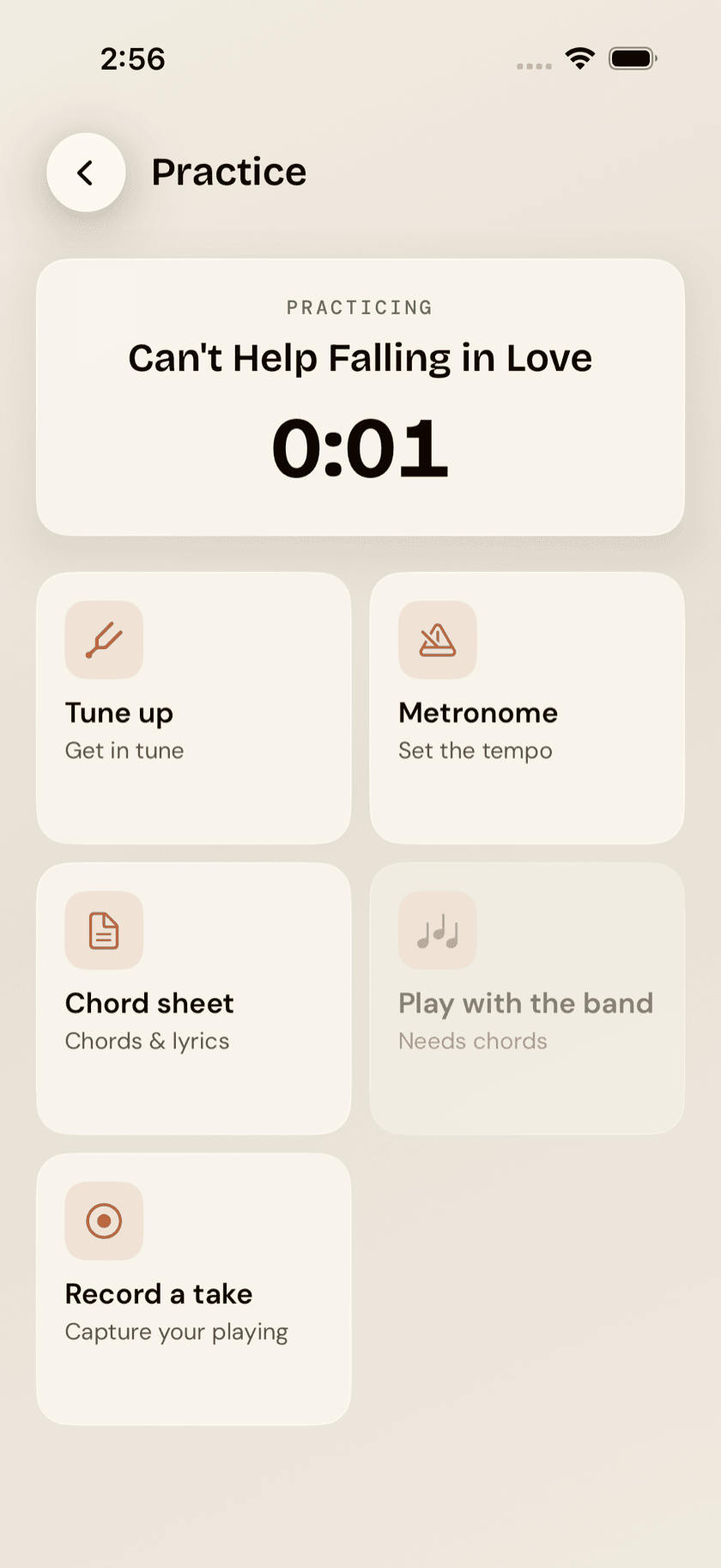 Ukulele Buddha practice-this-song screen, timer, metronome, and chord sheet visible, Sand theme