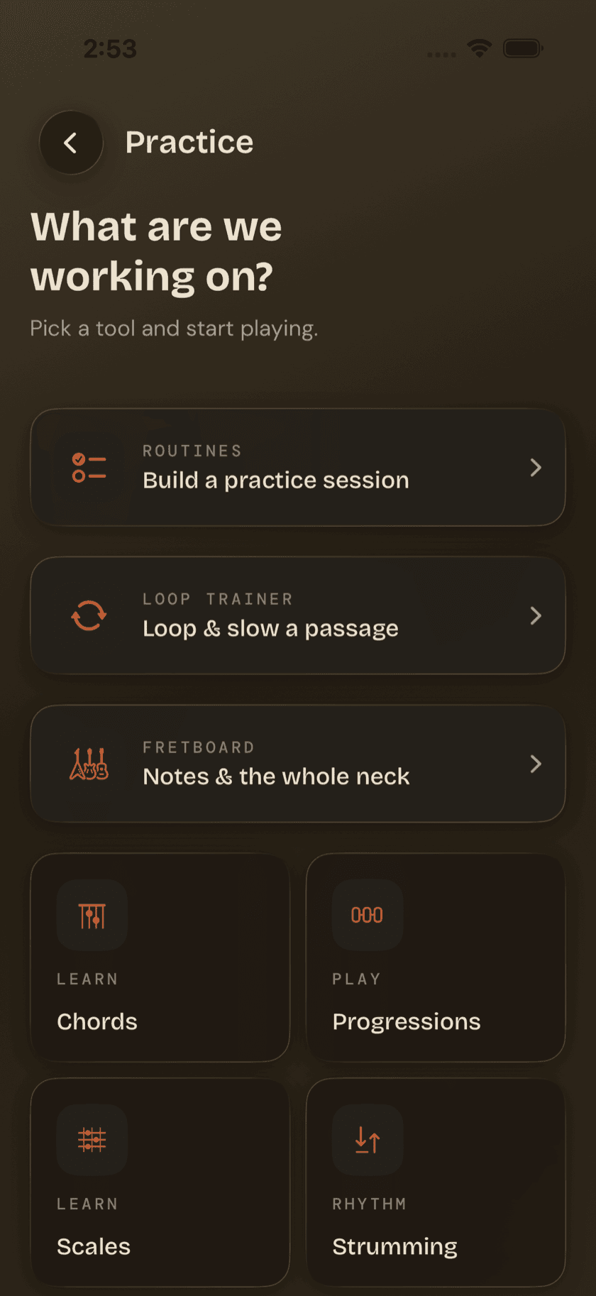 Practice Hub grid with the Metronome tile highlighted, Terra theme