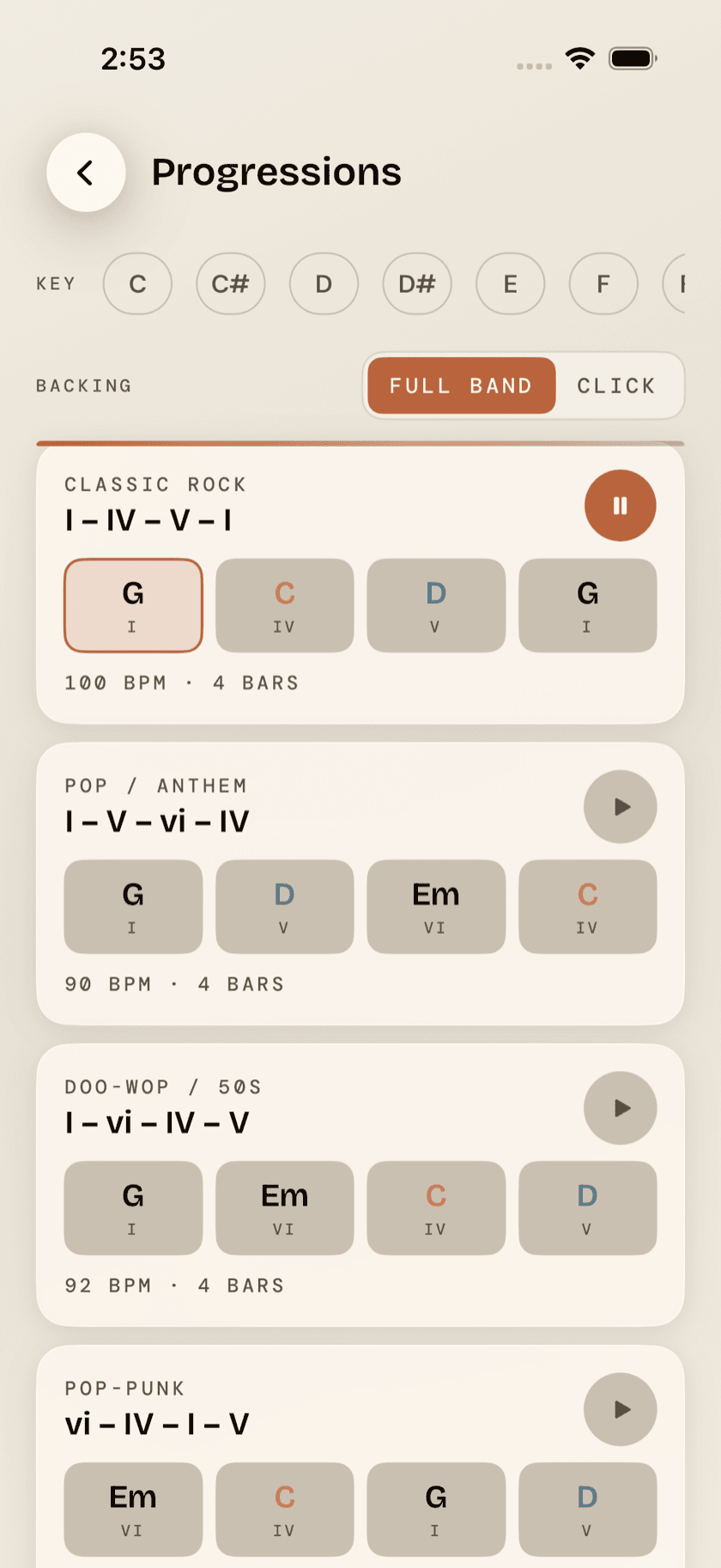 Progression practice screen, Hawaiian vamp, NOW badge active, key picker visible, Sand theme