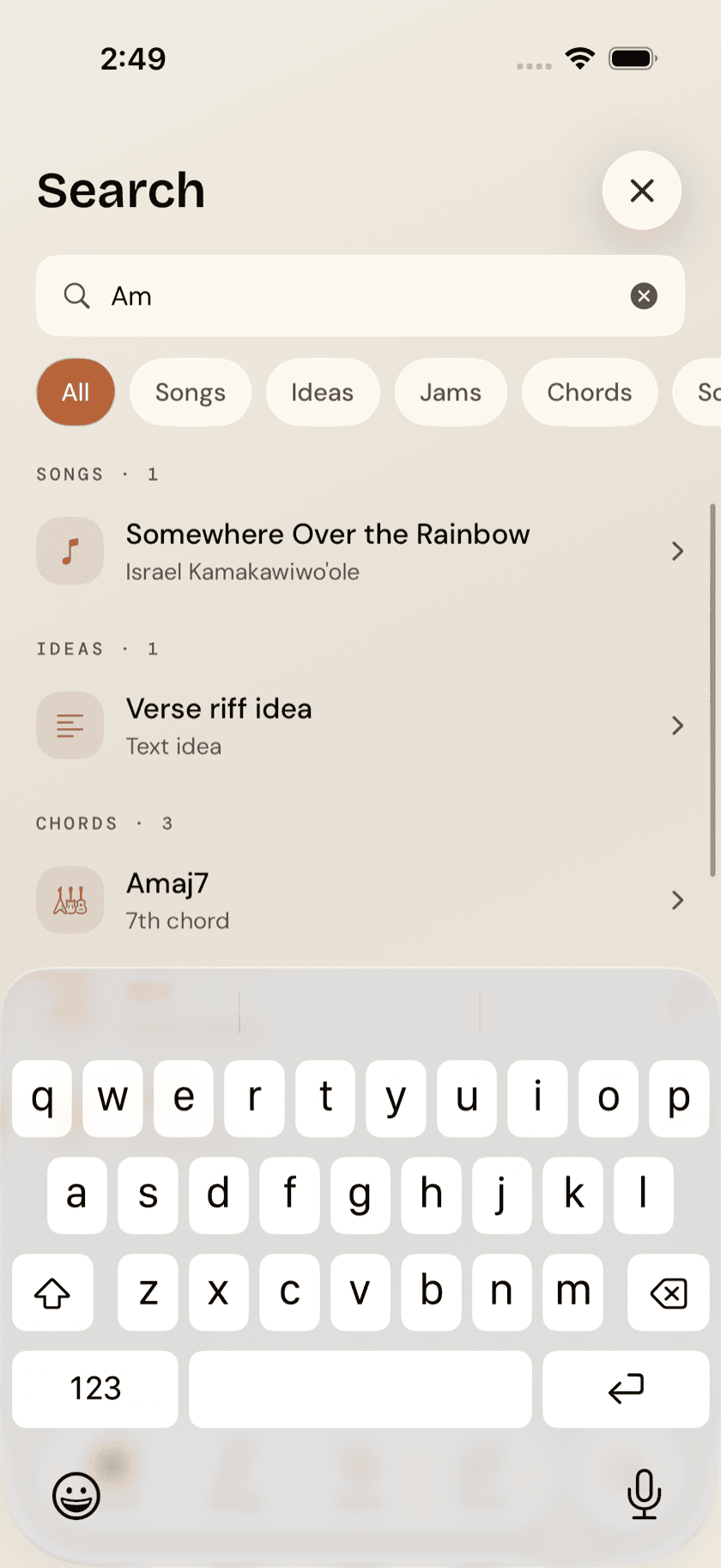 Search tab with an active query showing mixed results, Sand theme