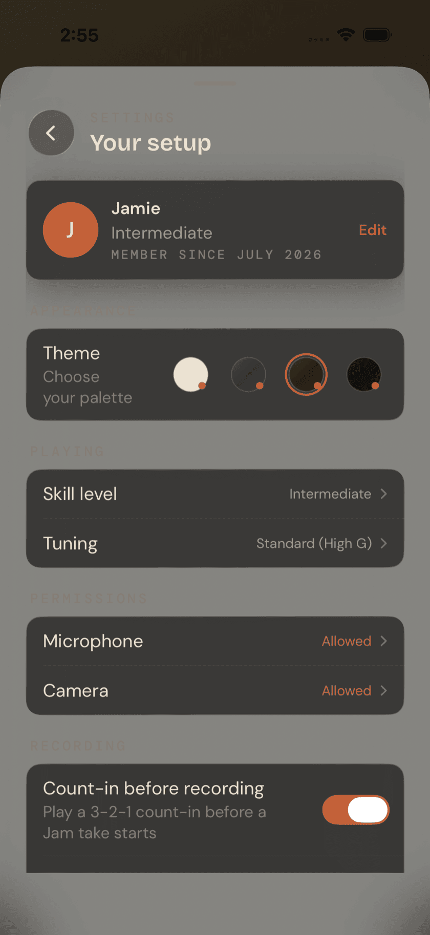 Settings sheet, Permissions section, microphone granted, camera not determined, Sand theme