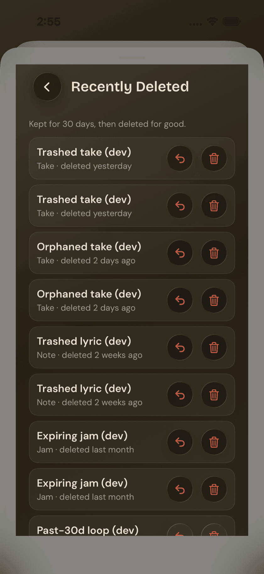 Settings, Recently Deleted list, mixed item types with Restore/Delete controls, Sand theme