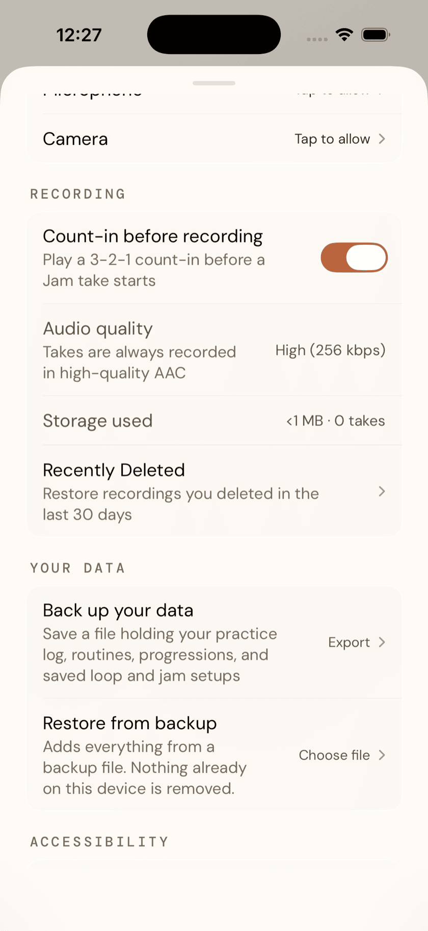 Settings sheet, Your data section, showing Back up your data and Restore from backup, Sand & Linen theme
