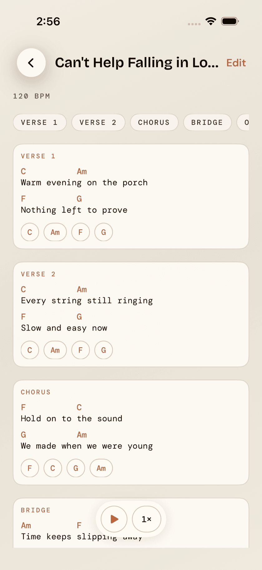 Ukulele Buddha song detail, imported chord sheet with teleprompter controls, Sand theme
