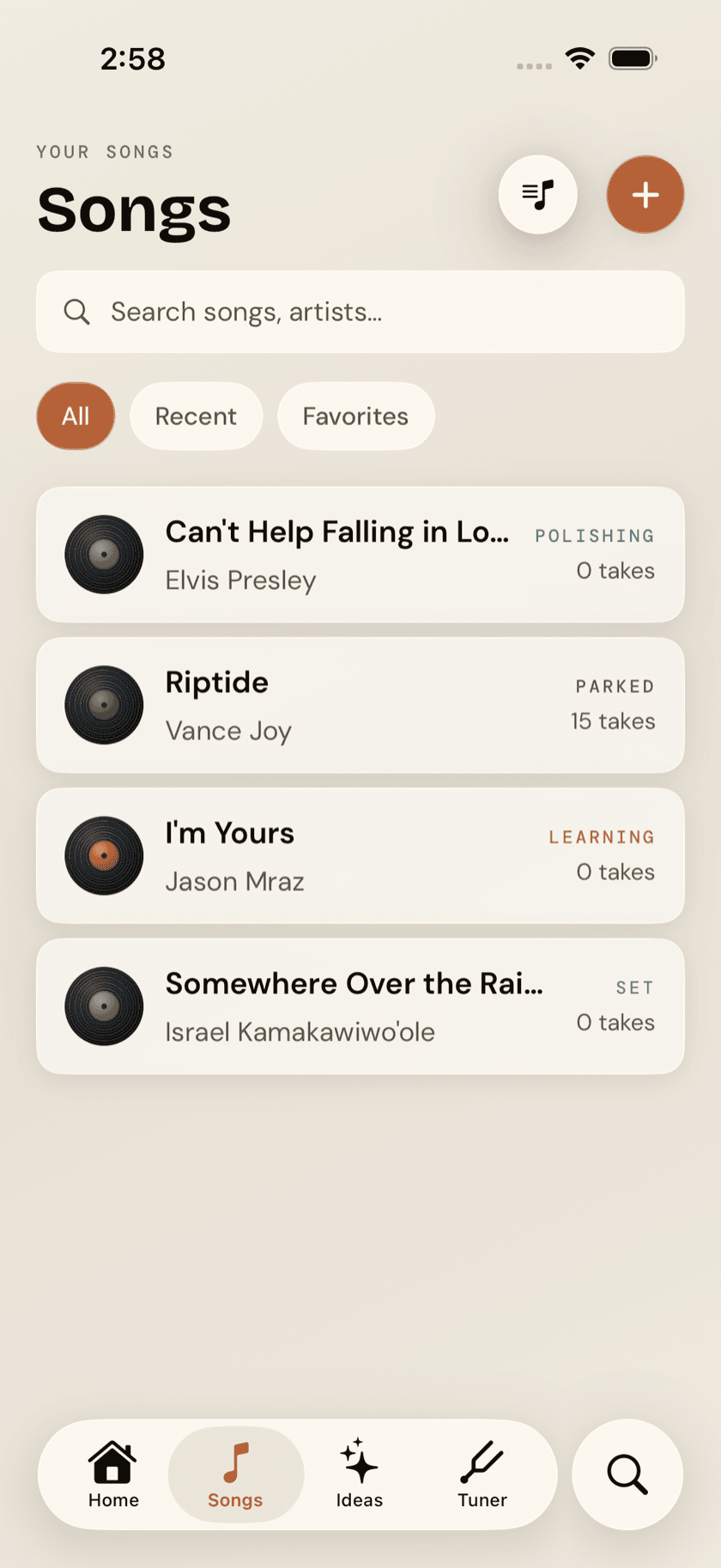 Ukulele Buddha Songs tab, library list with filter pills, several songs, Sand theme