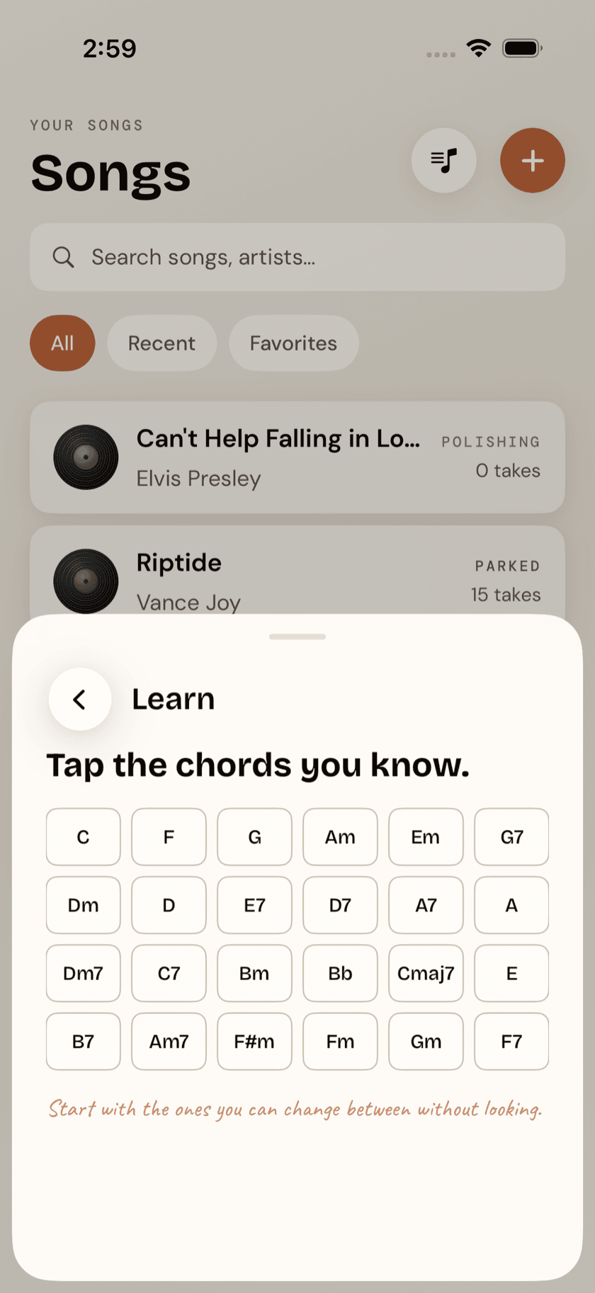 Ukulele Buddha add-a-song flow, Songs you can play results with READY flags, Sand theme