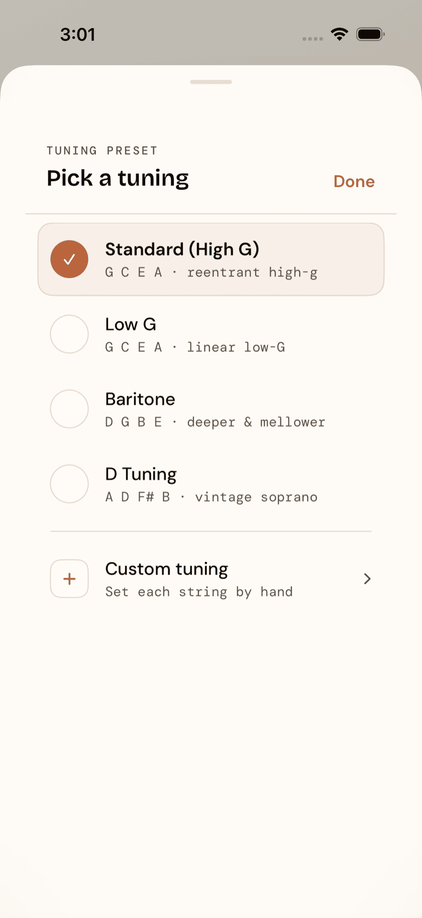Tuner tab, tuning preset list open, showing Standard, Low-G, Baritone, and D Tuning