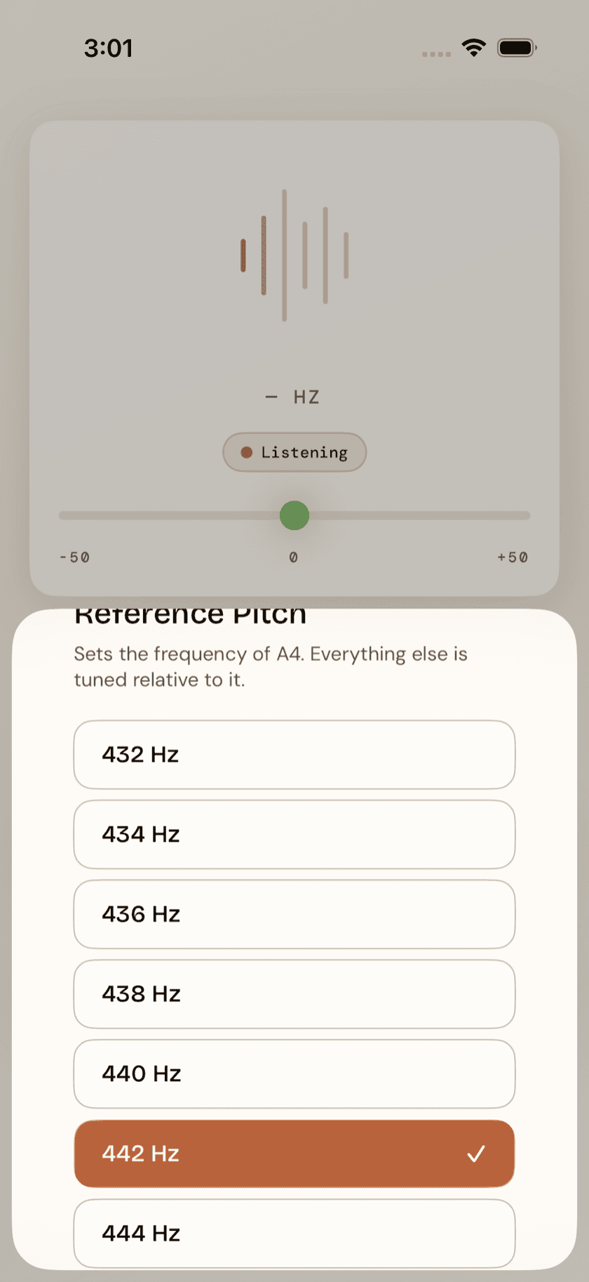 Tuner tab, reference pitch control open, set to a non-440 value