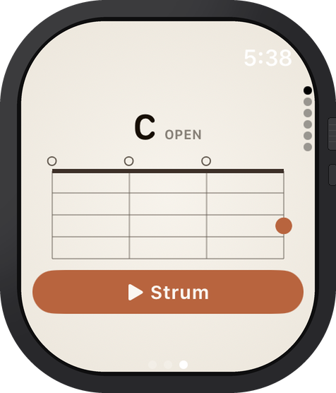 Apple Watch showing a C chord diagram with a Strum button