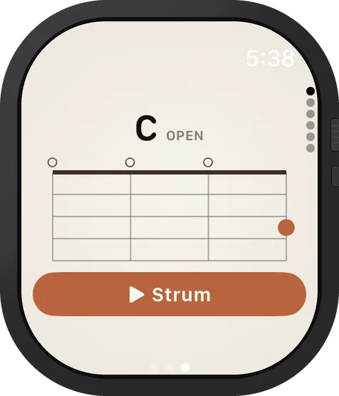 Apple Watch showing a C chord diagram with a Strum button