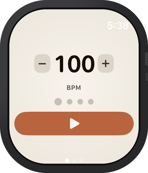 Apple Watch showing a metronome set to 100 BPM with a play button