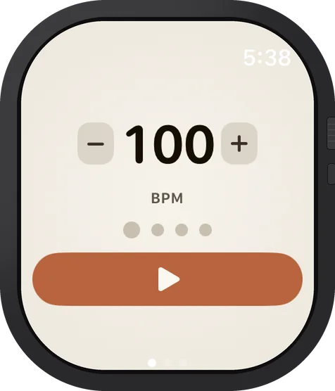 Apple Watch showing a metronome set to 100 BPM with a play button