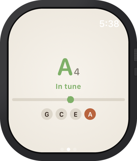 Apple Watch showing a tuner with the A string in tune